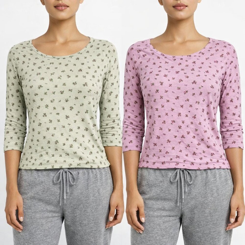 Vtg Gap Pink/Green Floral 3/4 Sleeve PJ Tops Comfy Fall Retro Spring Travel Y2K